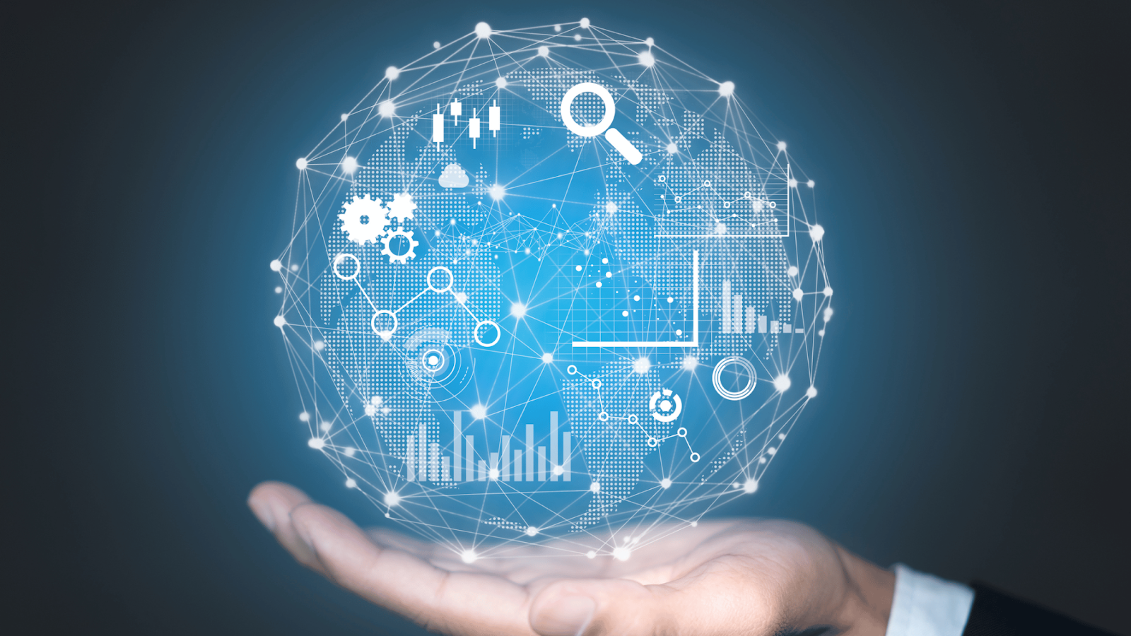 A conceptual image of a hand holding a digital network globe, symbolizing the integration of big data and AI in creating interconnected and intelligent systems