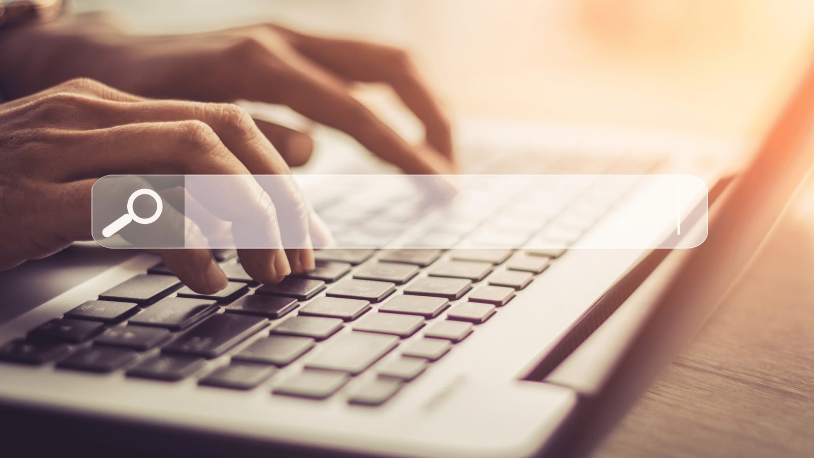 Hands typing on a laptop keyboard in the search bar, representing a Google search and AI overviews.