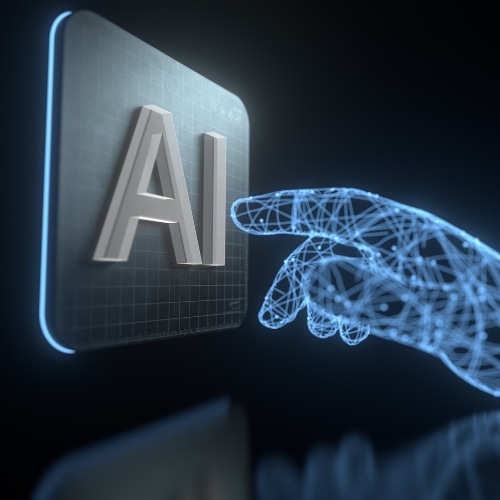 A close-up of a metallic hand with black fingers and a glowing blue palm pressing a button with the letters "AI" in white.