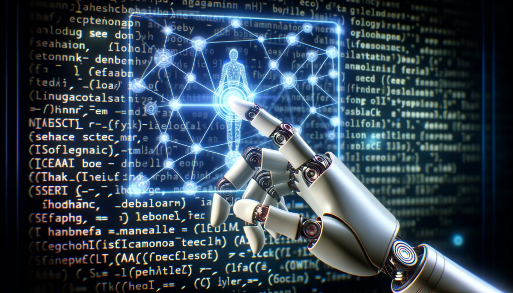 Photo-of-a-robotic-hand-delicately-touching-a-holographic-screen.-The-screen-displays-a-dynamic-web-of-interconnected-nodes-representing-keywords