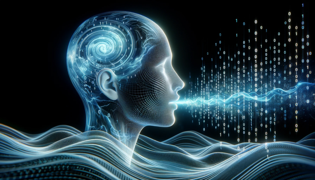 Photo-of-a-serene-human-figure-speaking-with-digital-waves-emanating-from-their-mouth.-These-waves-transform-into-a-stream-of-binary-code