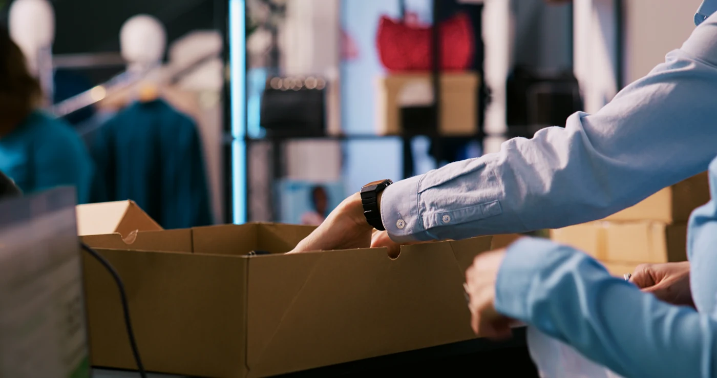 Retail worker preparing clothing orders in shipping boxes
