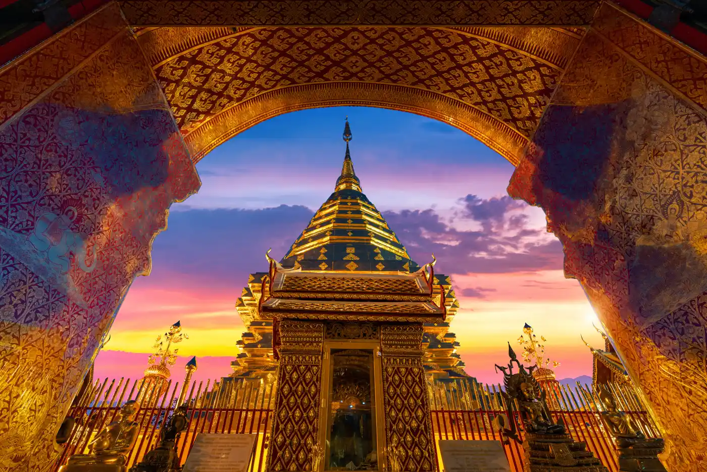 Golden temple architecture at Wat Phra That Doi Suthep in Chiang Mai