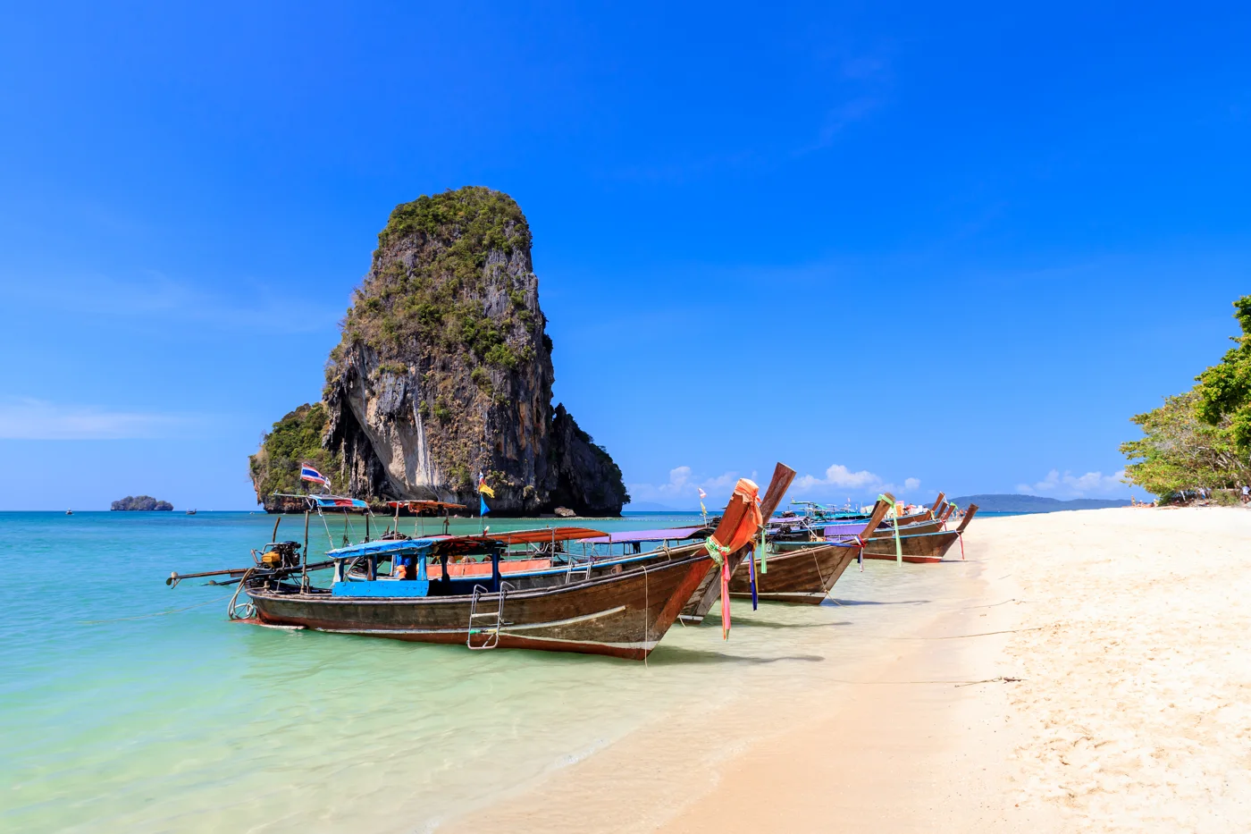 Traditional longtail boats at Phra Nang Beach in Krabi