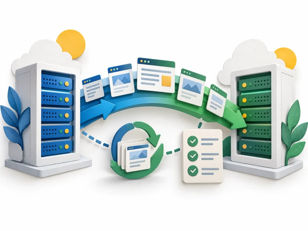 Illustration of website pages moving between hosting servers with a migration checklist