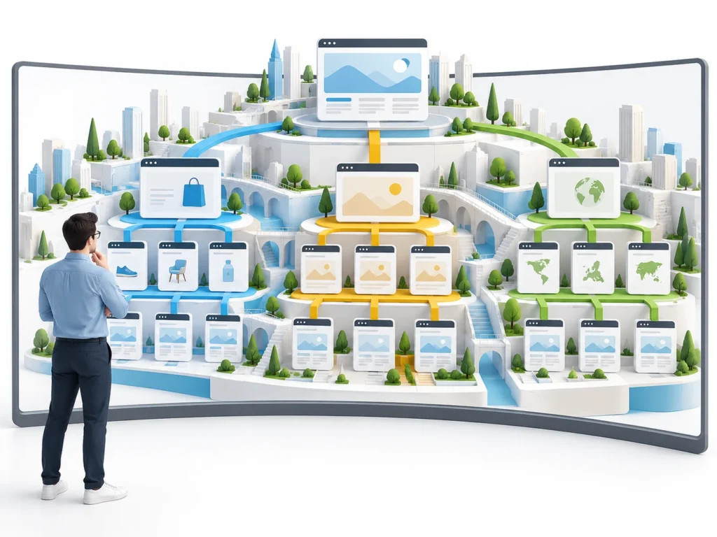 Illustration of connected product and regional pages within a large website architecture
