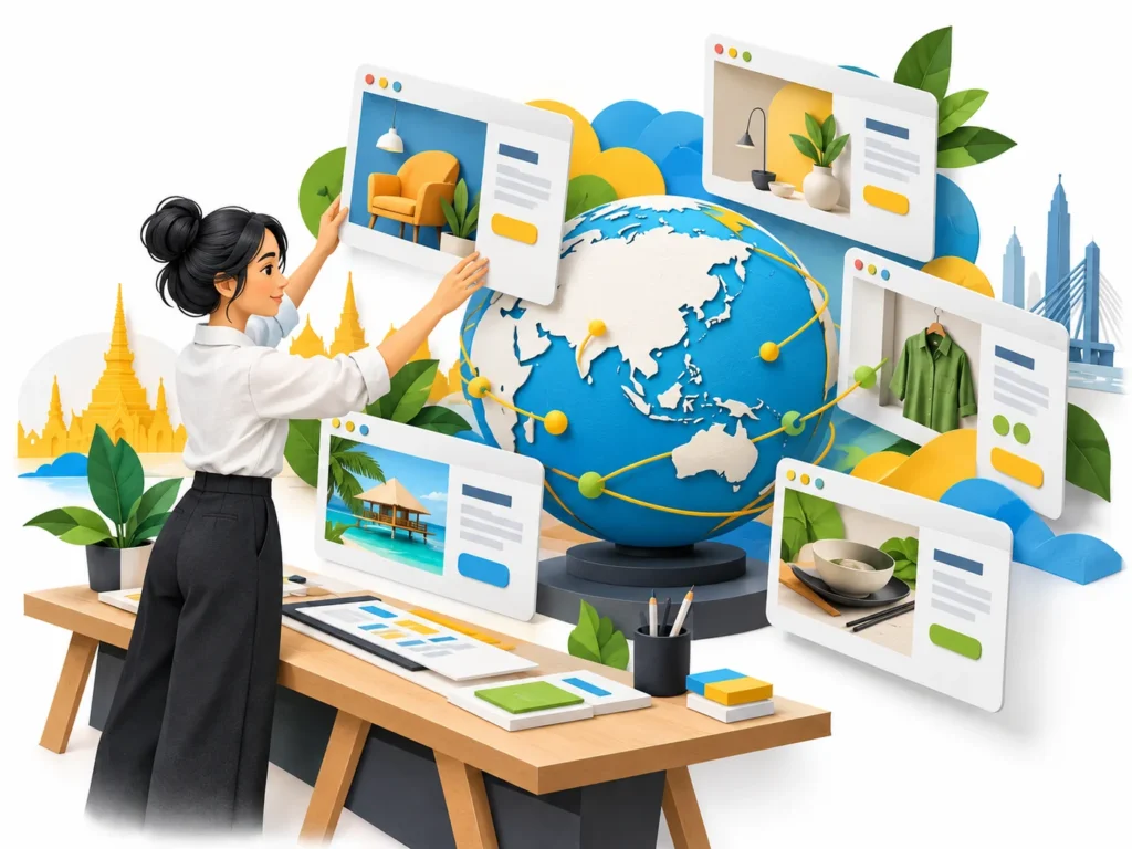 Illustration of a strategist coordinating regional websites around a globe