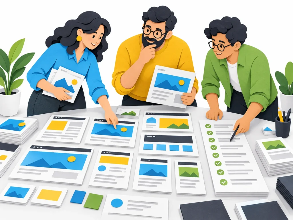 Illustration of a team reviewing website templates and a release checklist