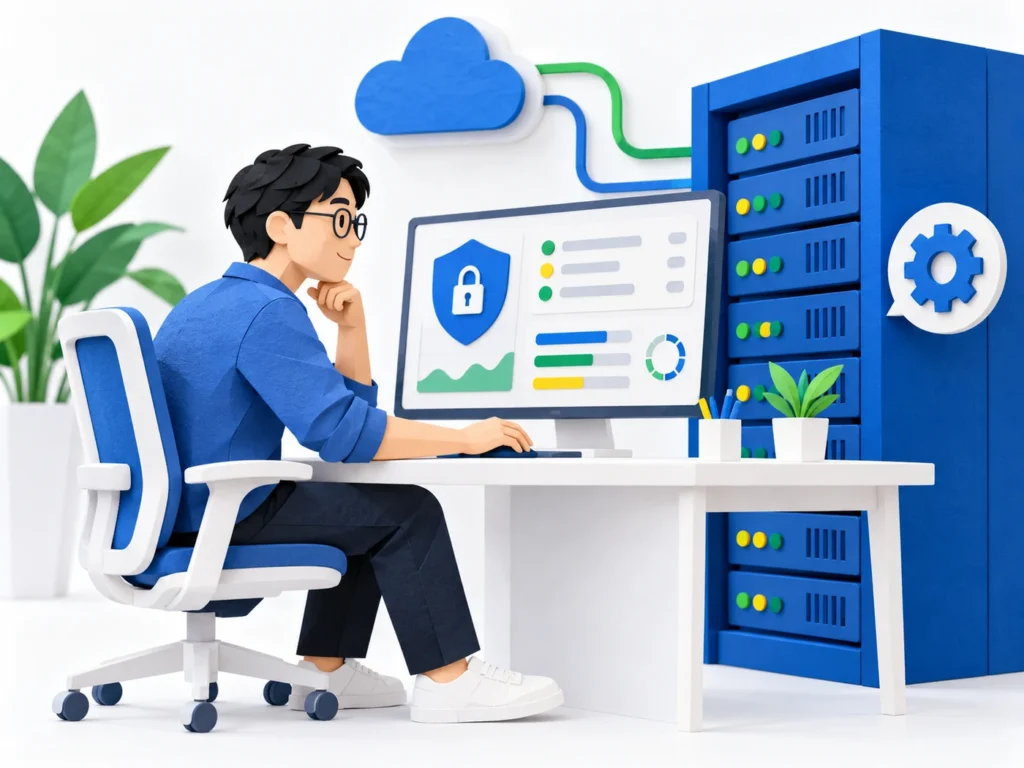 Illustration of a website engineer reviewing hosting monitoring and security status