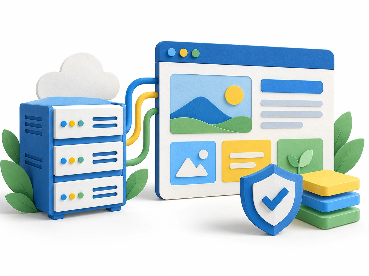Illustration of website hosting infrastructure with server, browser and security shield