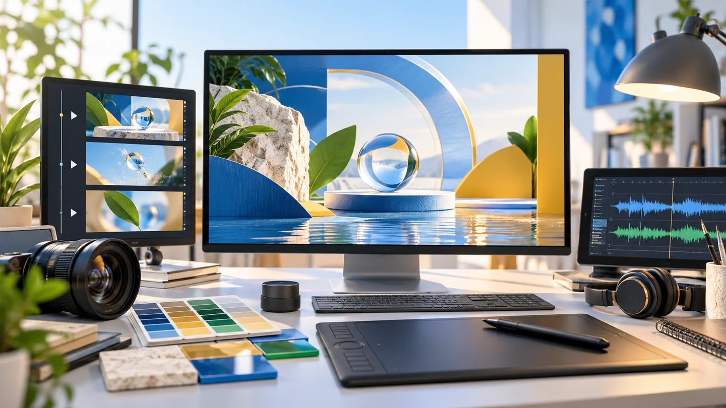 Illustrated creative studio with campaign imagery, a video storyboard and an audio editing screen