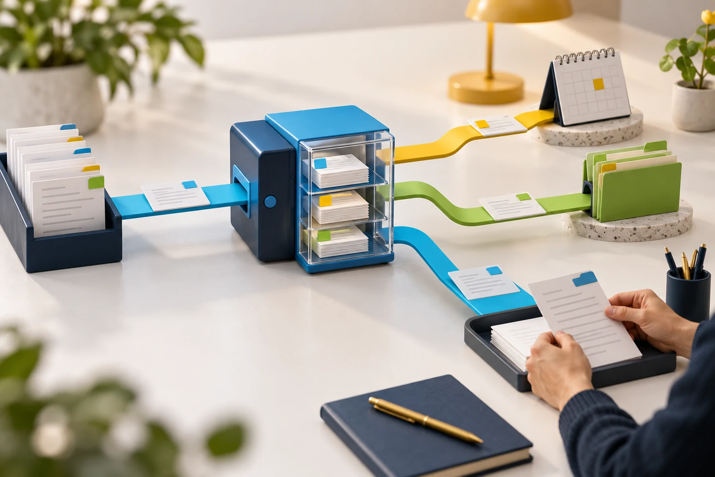 Illustrated workflow routing documents to a calendar, customer records and a human reviewer