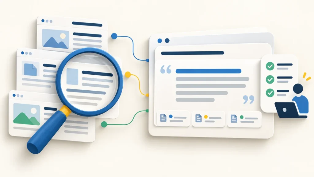 Illustration of source pages being checked against an AI answer and review checklist