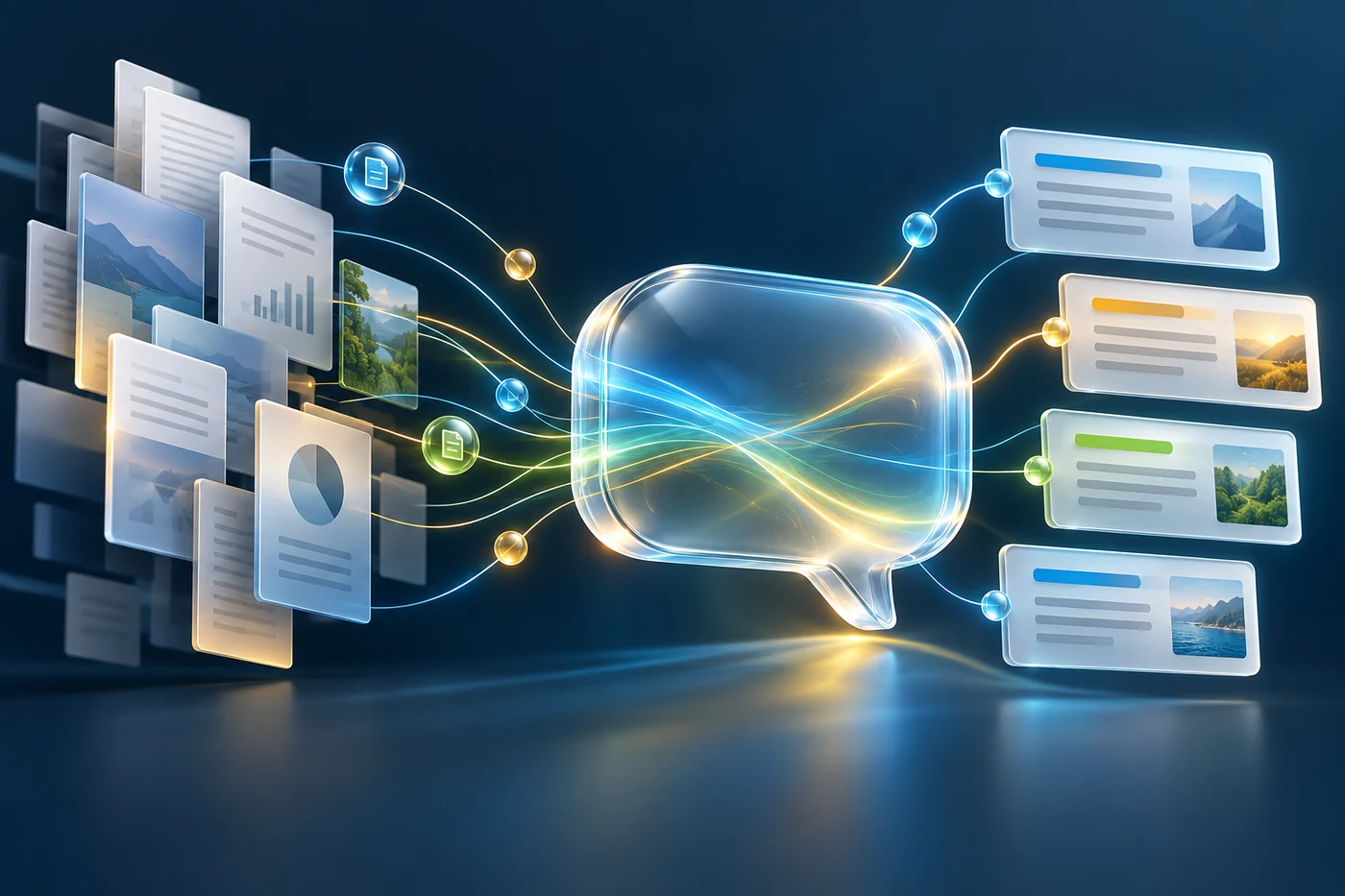 Dimensional illustration of source content connecting to AI answer cards