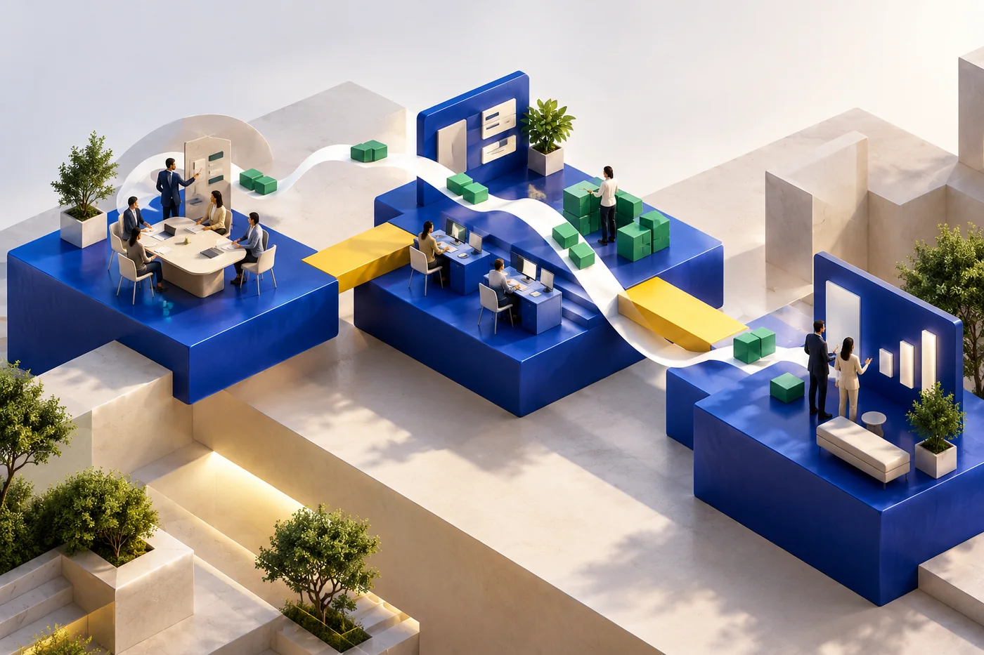 Isometric business platforms joined by bright bridges
