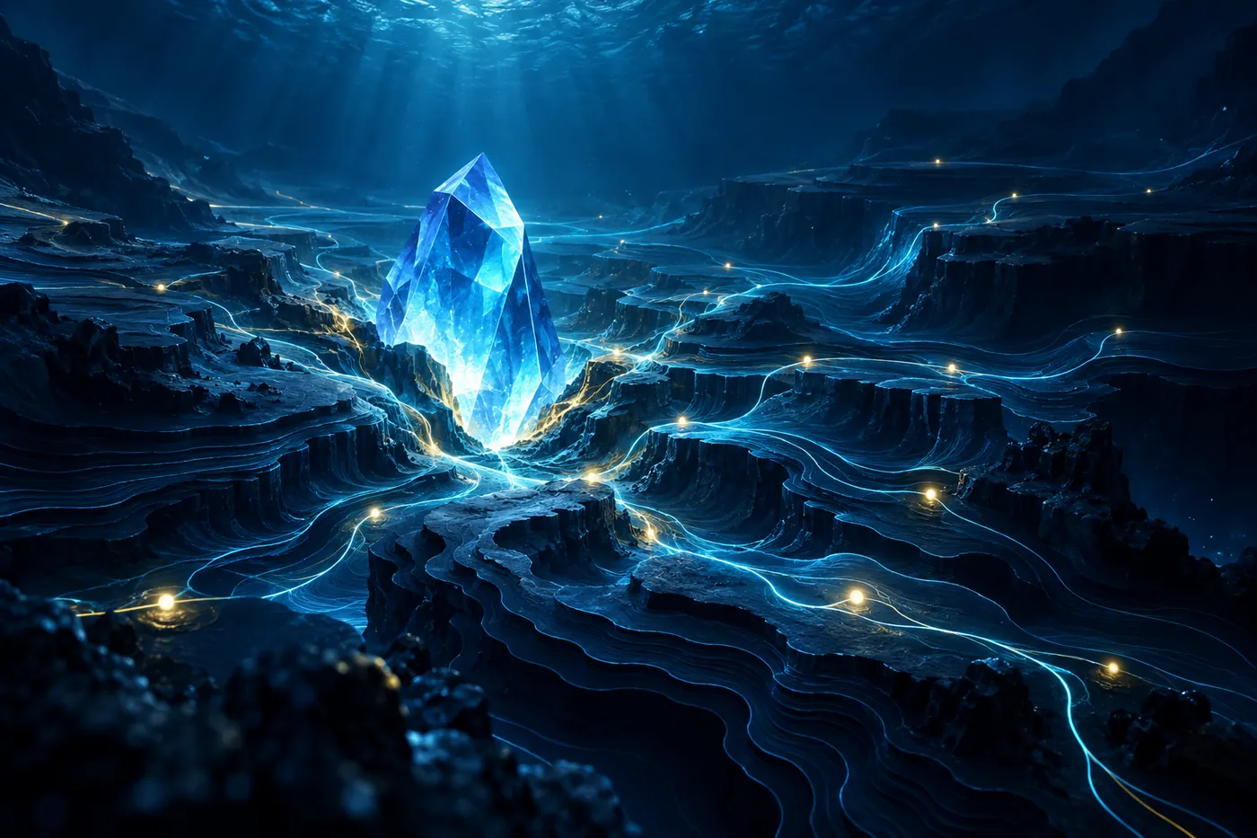 Blue crystal illuminating branching technical pathways in a deep landscape