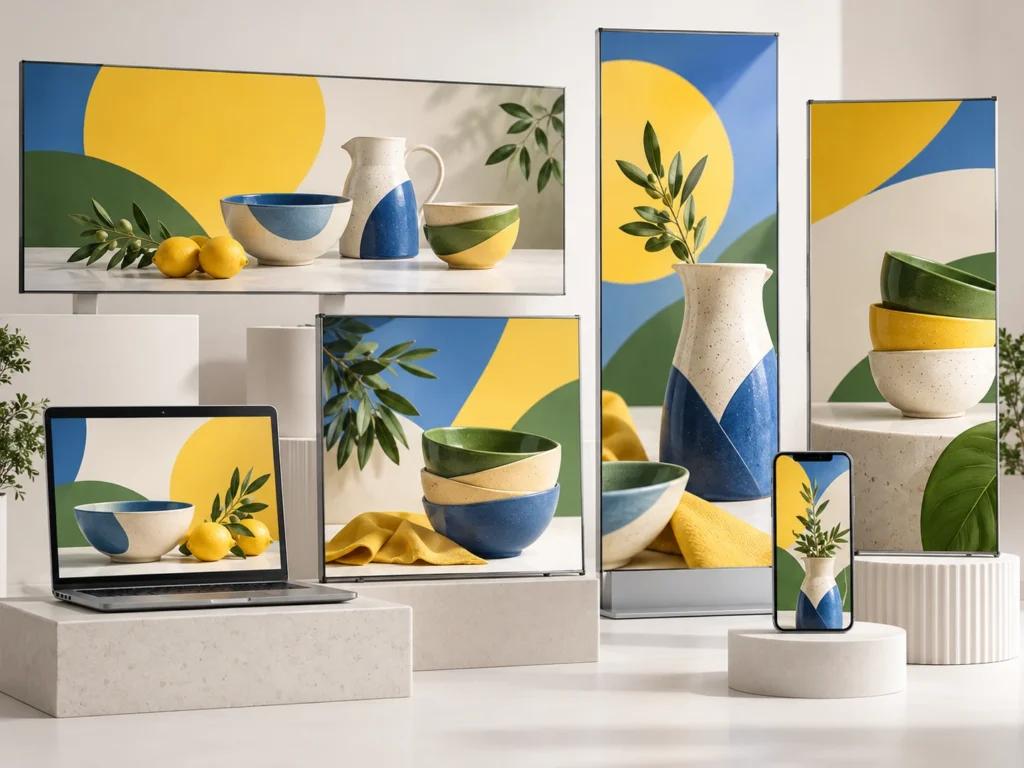 Illustrative ceramic product campaign shown in wide, square and tall display banner formats