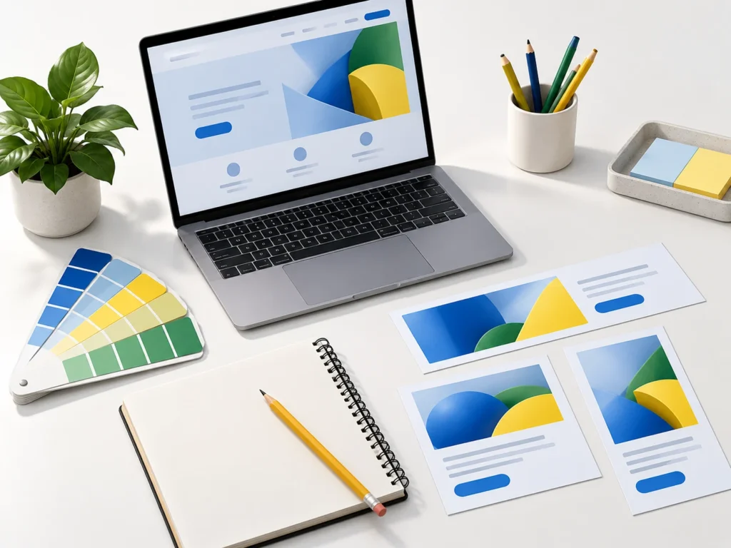 Illustration of matching display banners, landing page and brand colours arranged for campaign planning