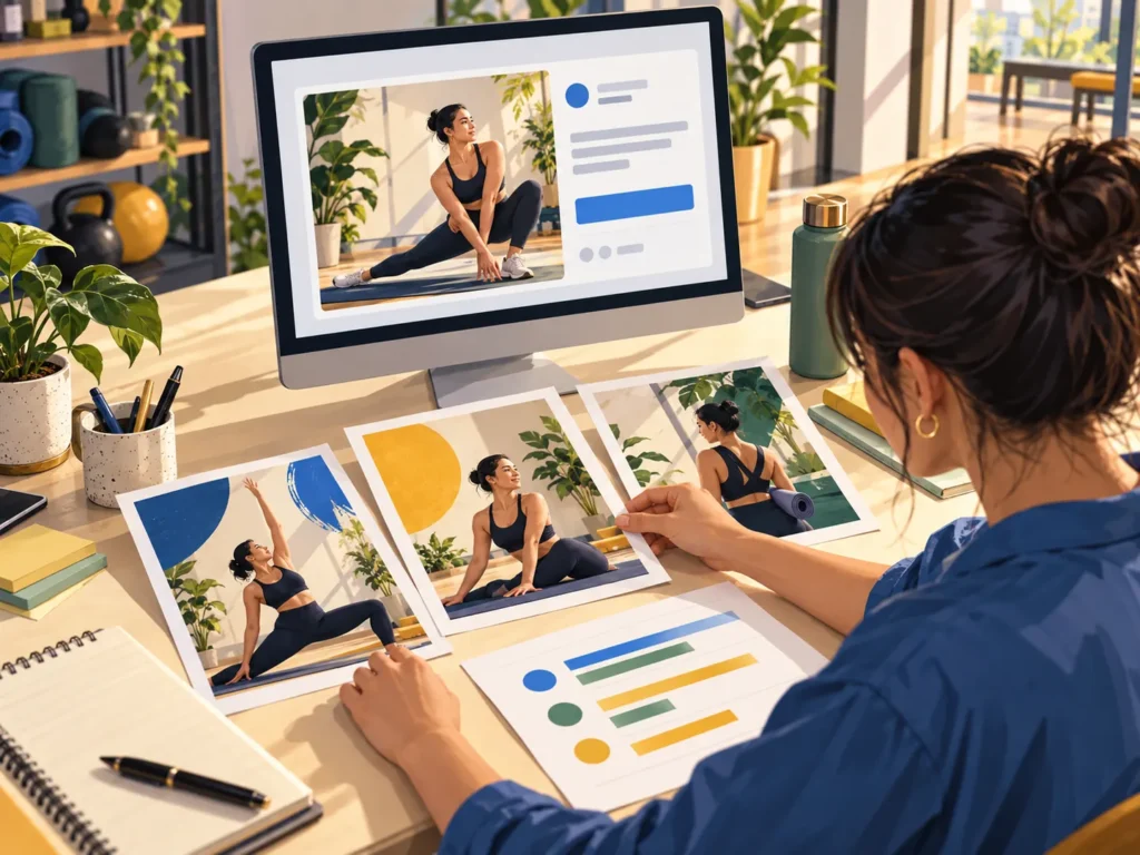 Illustration of a marketer comparing Facebook ad creative concepts for a fitness studio