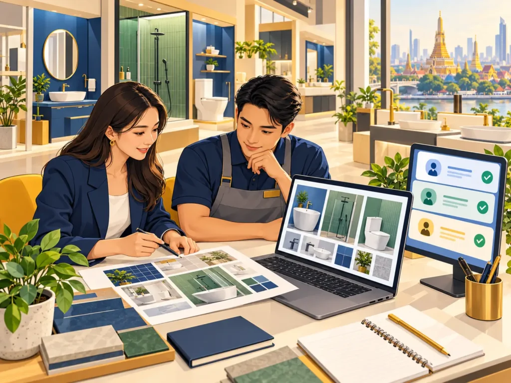 Illustration of a showroom manager and marketer planning a Facebook campaign and customer enquiry handoffs