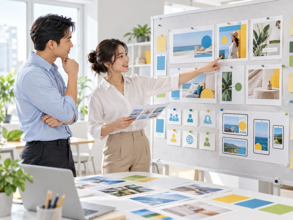 Illustrative scene of colleagues reviewing display creative and audience options on a campaign board