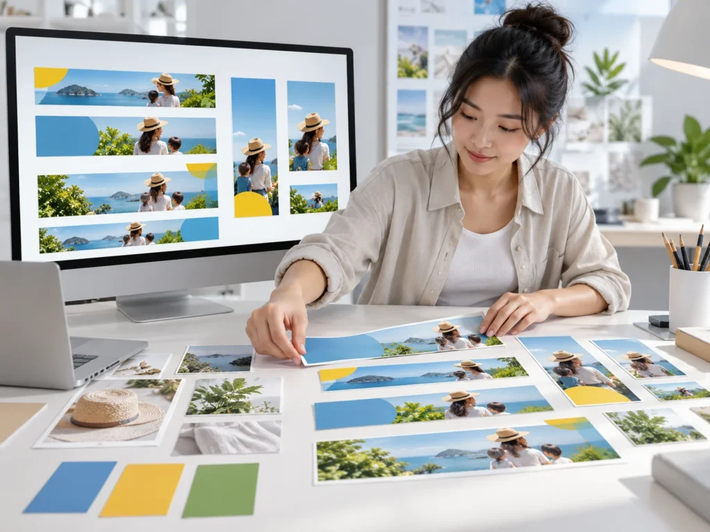 Illustrative scene of a designer arranging display banner variations for different advertising sizes