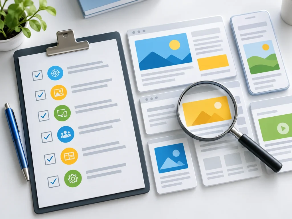 Illustration of a display placement review checklist beside website and app advertising cards