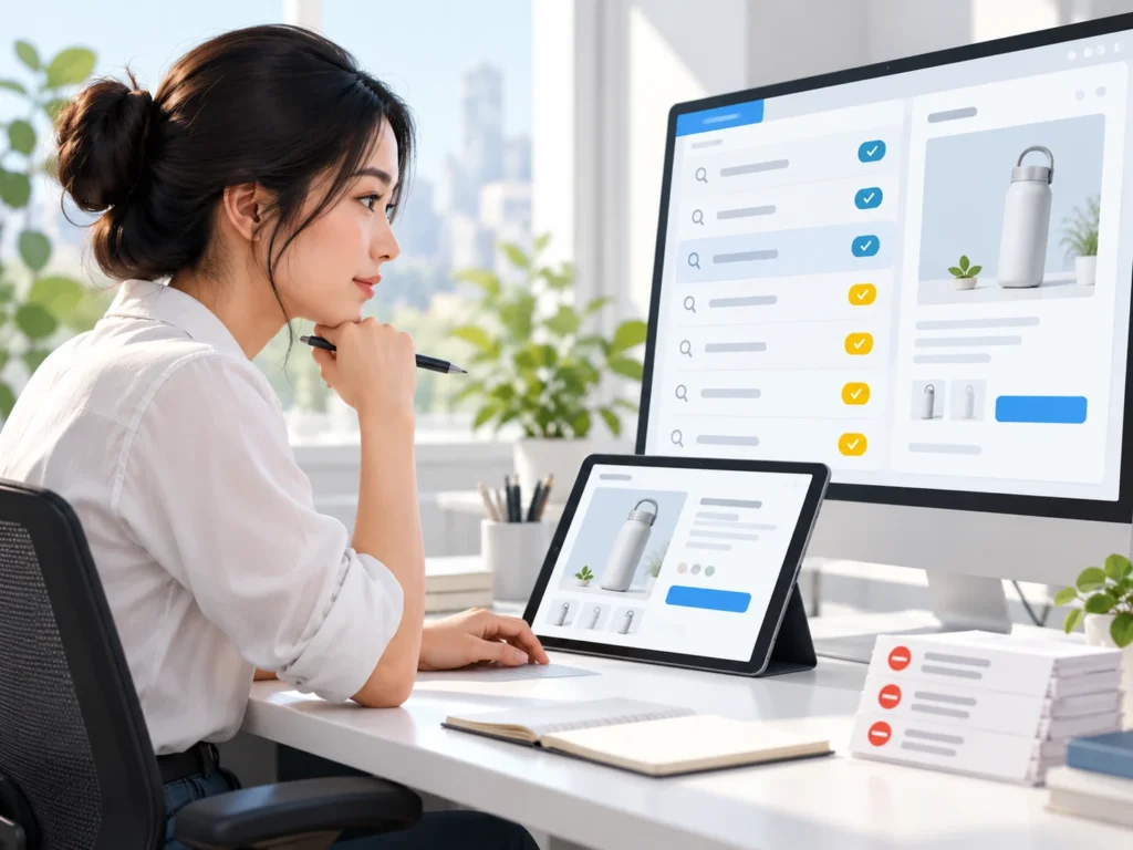 Illustration of a Google Ads specialist comparing search terms with a product landing page