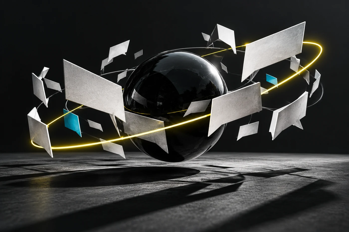 Monochrome conversation fragments orbiting a dark sphere on a yellow path