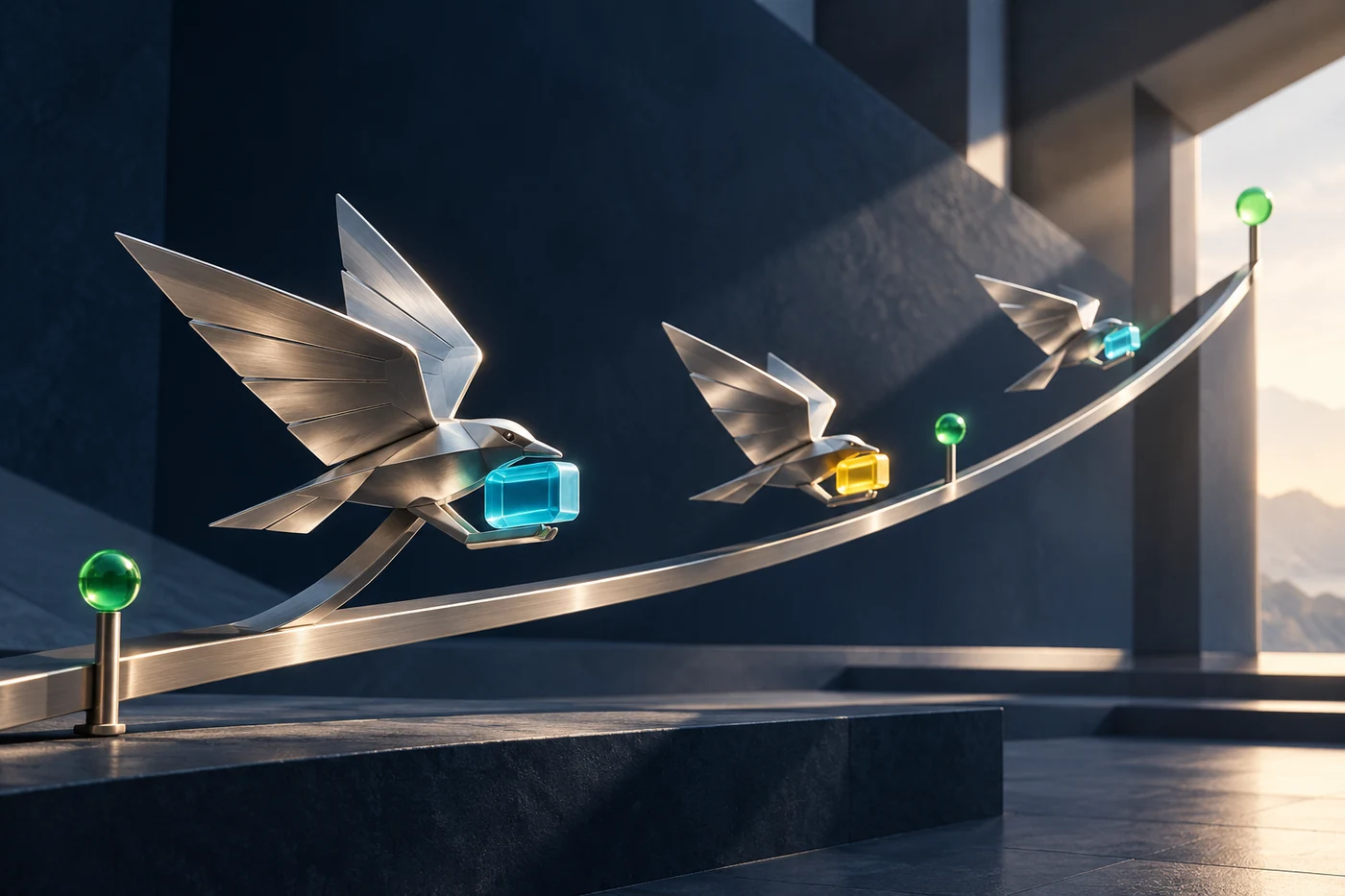 Folded silver wing sculptures carrying information along an ascending track