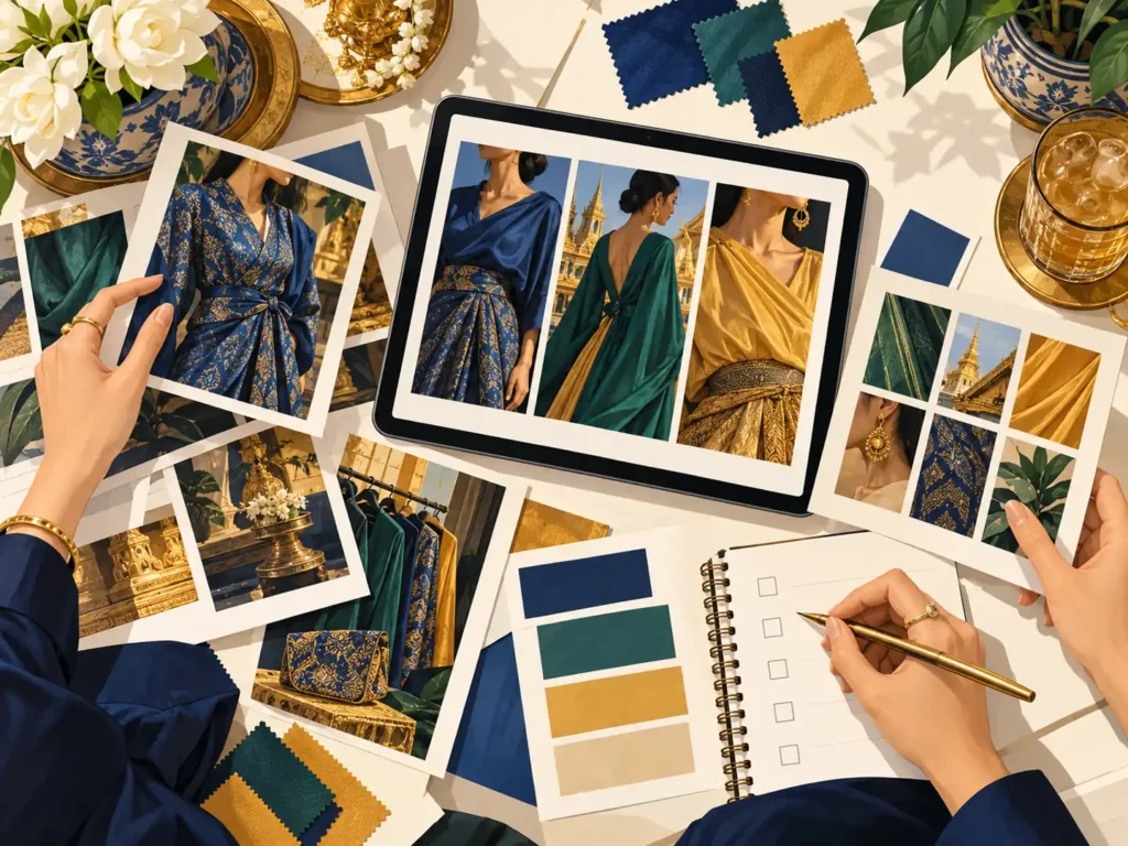 Illustration of an Instagram fashion campaign creative review with a tablet, image selections and colour swatches