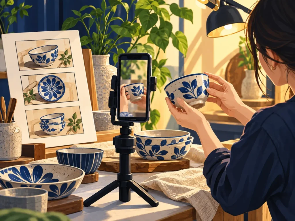 Illustration of a ceramic product demonstration being filmed for Instagram with a phone and storyboard
