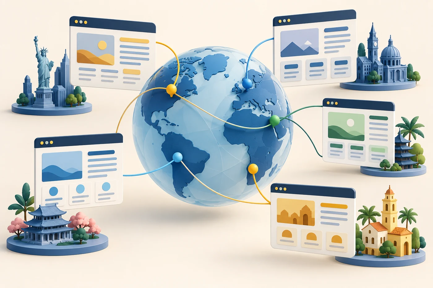 Illustration of different market websites connected around a globe