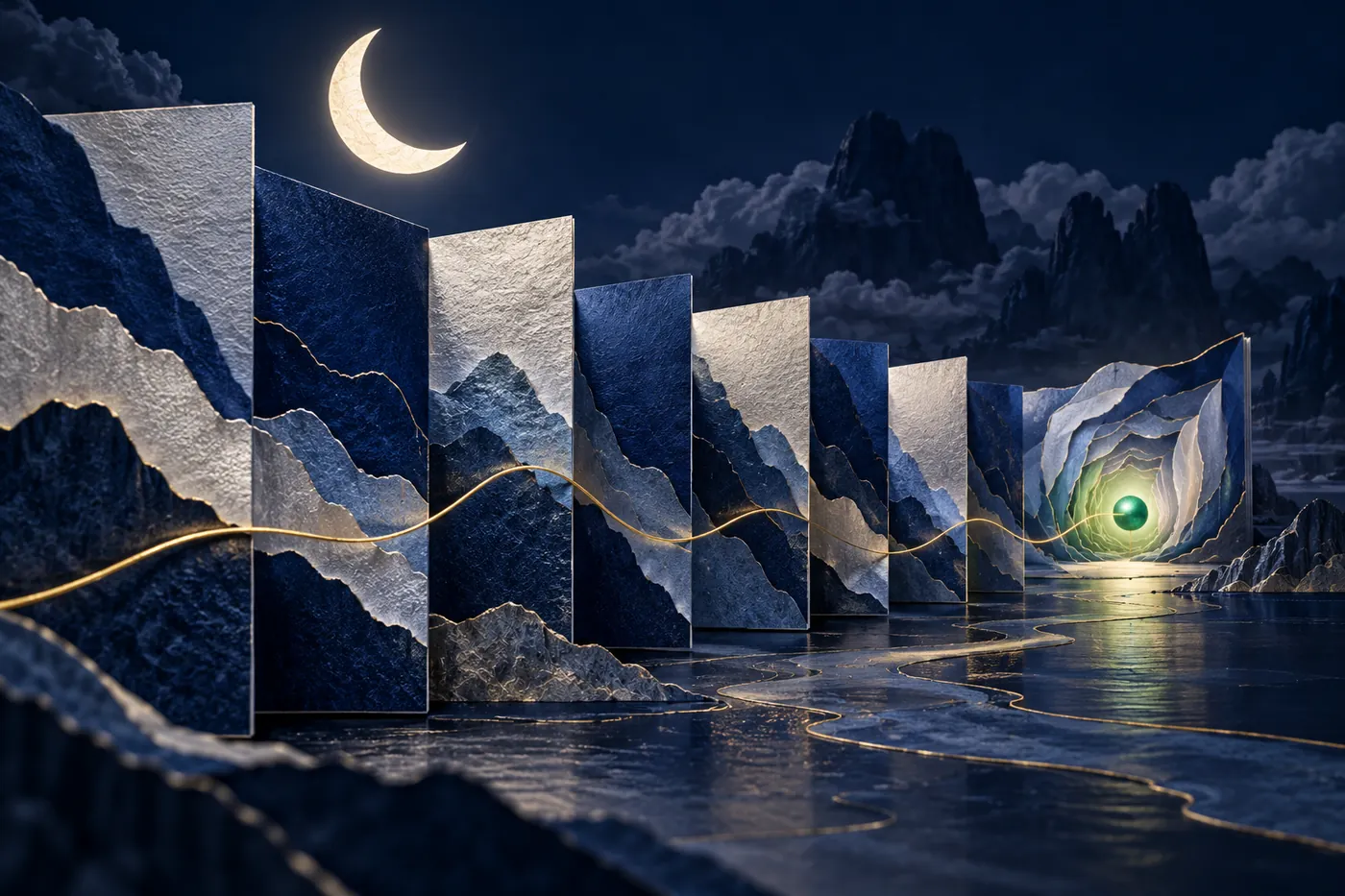 Moonlit accordion pages guiding a path through layered knowledge