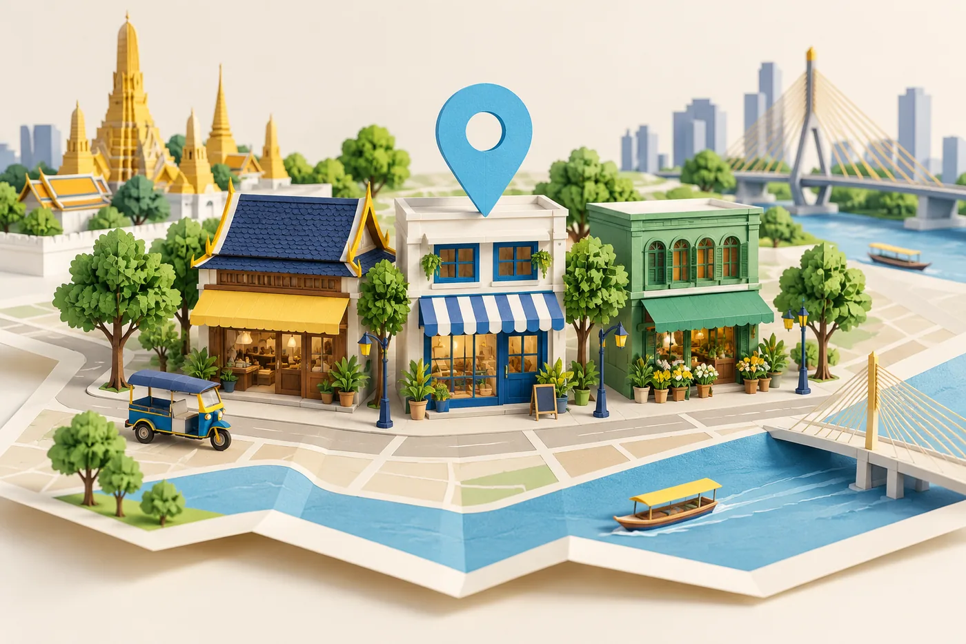 Illustrated Bangkok neighbourhood with a map pin marking a local business