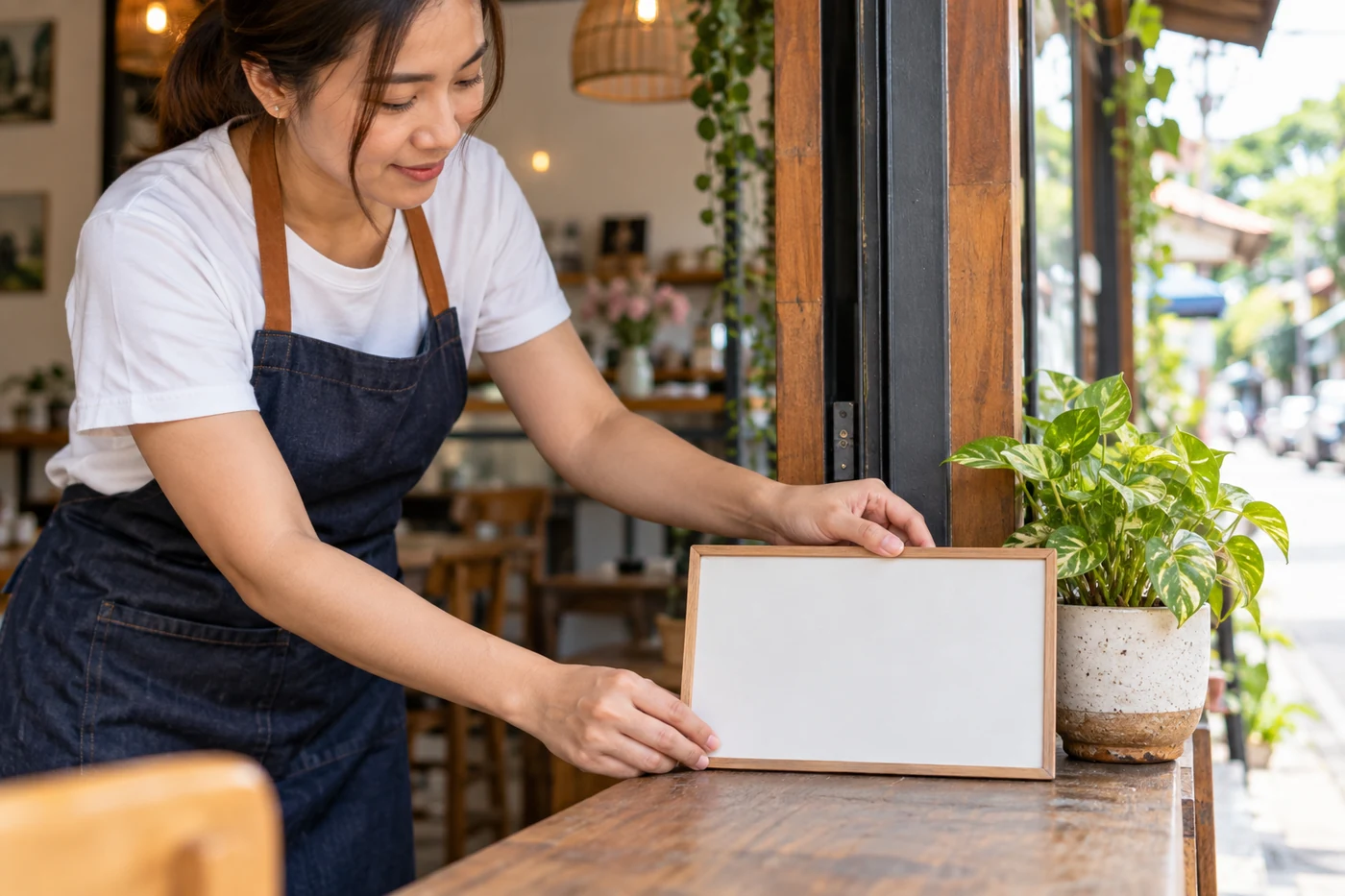 Illustrative local cafe owner preparing customer information at the storefront