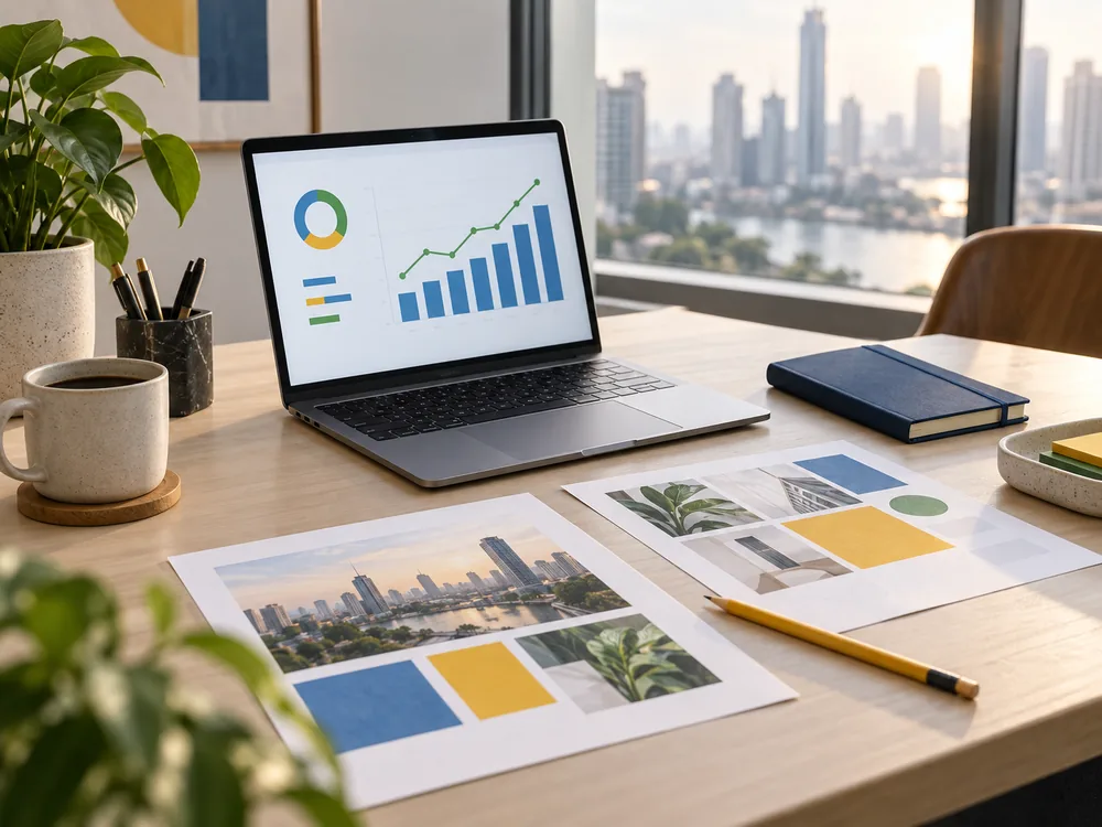 Marketing strategy workspace with campaign layouts and analytics