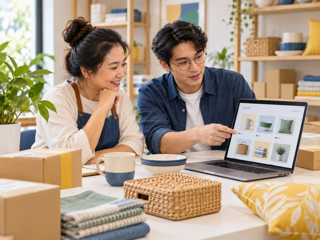 Illustrative scene of a retailer and ecommerce specialist reviewing a product catalogue