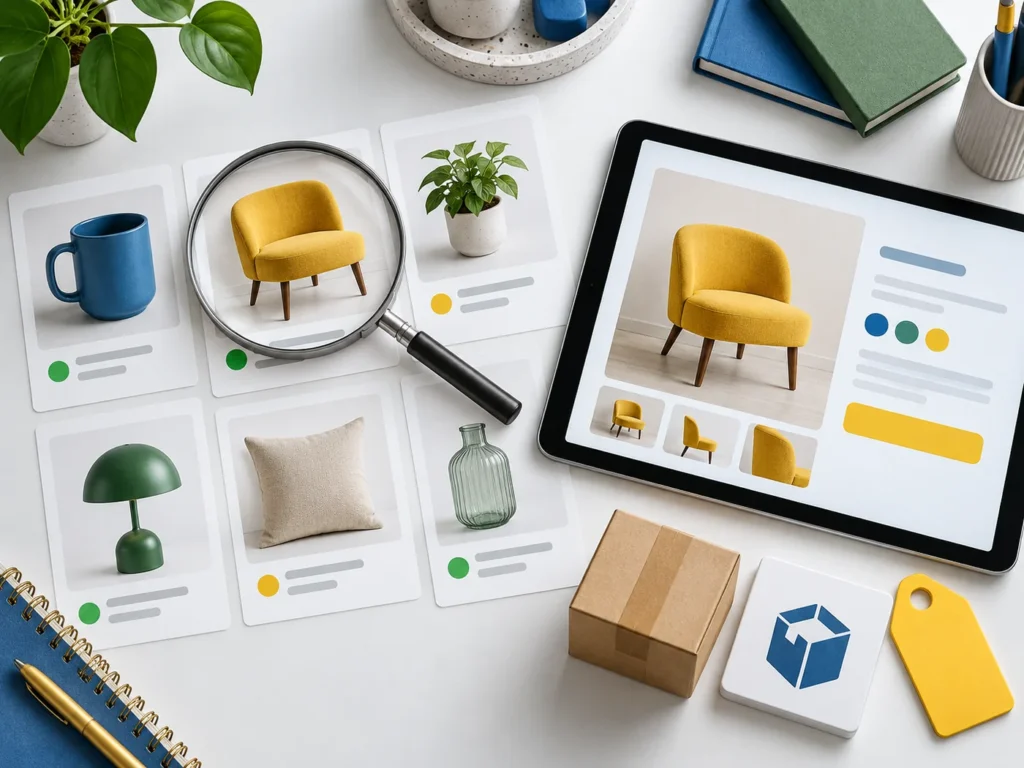Illustration of product data cards being checked against an ecommerce product page