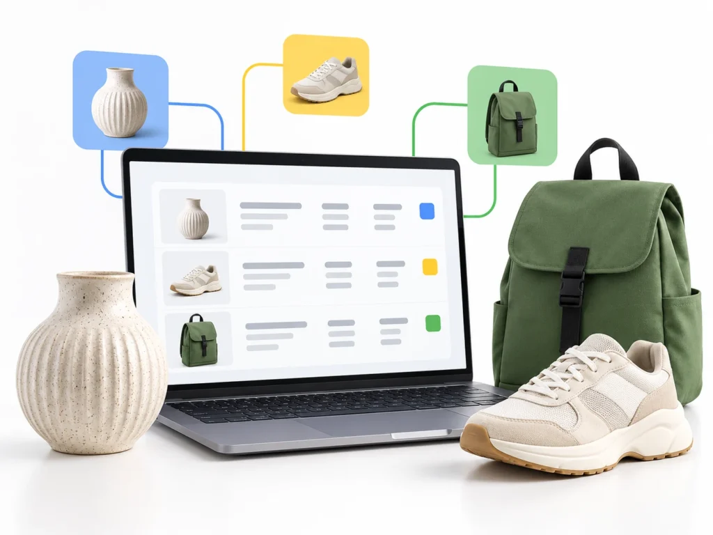 Illustration of product catalogue data on a laptop beside matching retail products