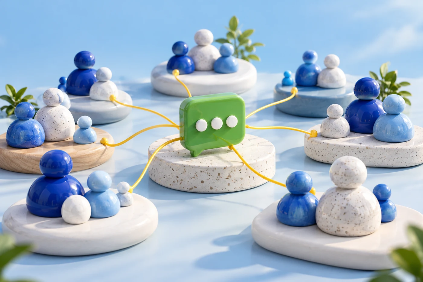 Ceramic social communities connected around a green conversation tile