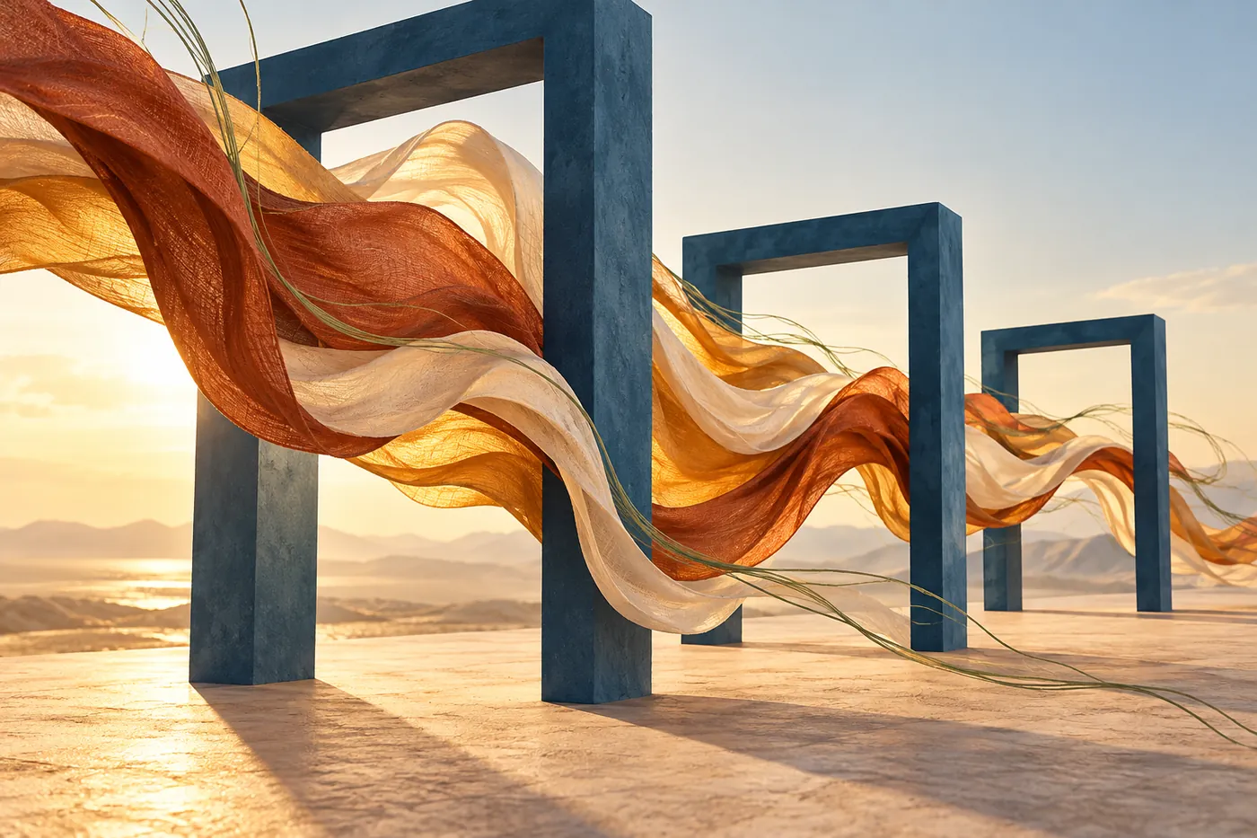 Warm fabric ribbons carrying meaning through architectural frames