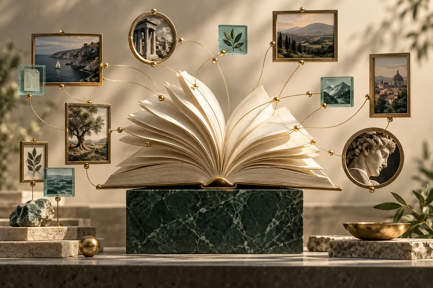 Open reference book linked to a constellation of supporting sources