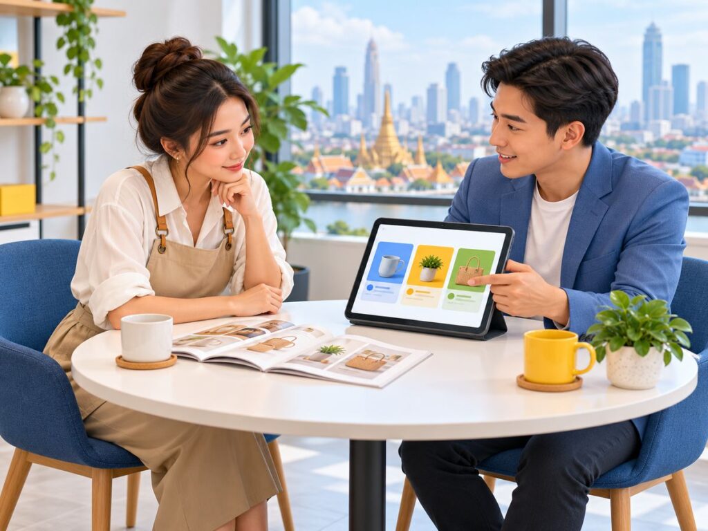 Illustration of a business owner discussing PPC campaign priorities with an advertising specialist