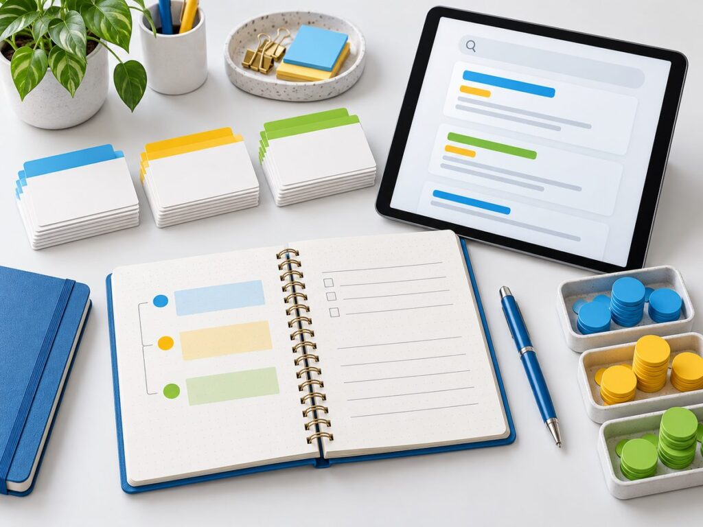 Illustration of PPC keyword groups and budget priorities arranged beside search ad previews
