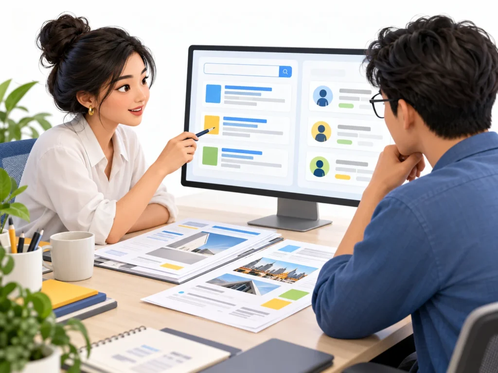 Illustration of an SEM strategist reviewing search ads and lead quality with a colleague