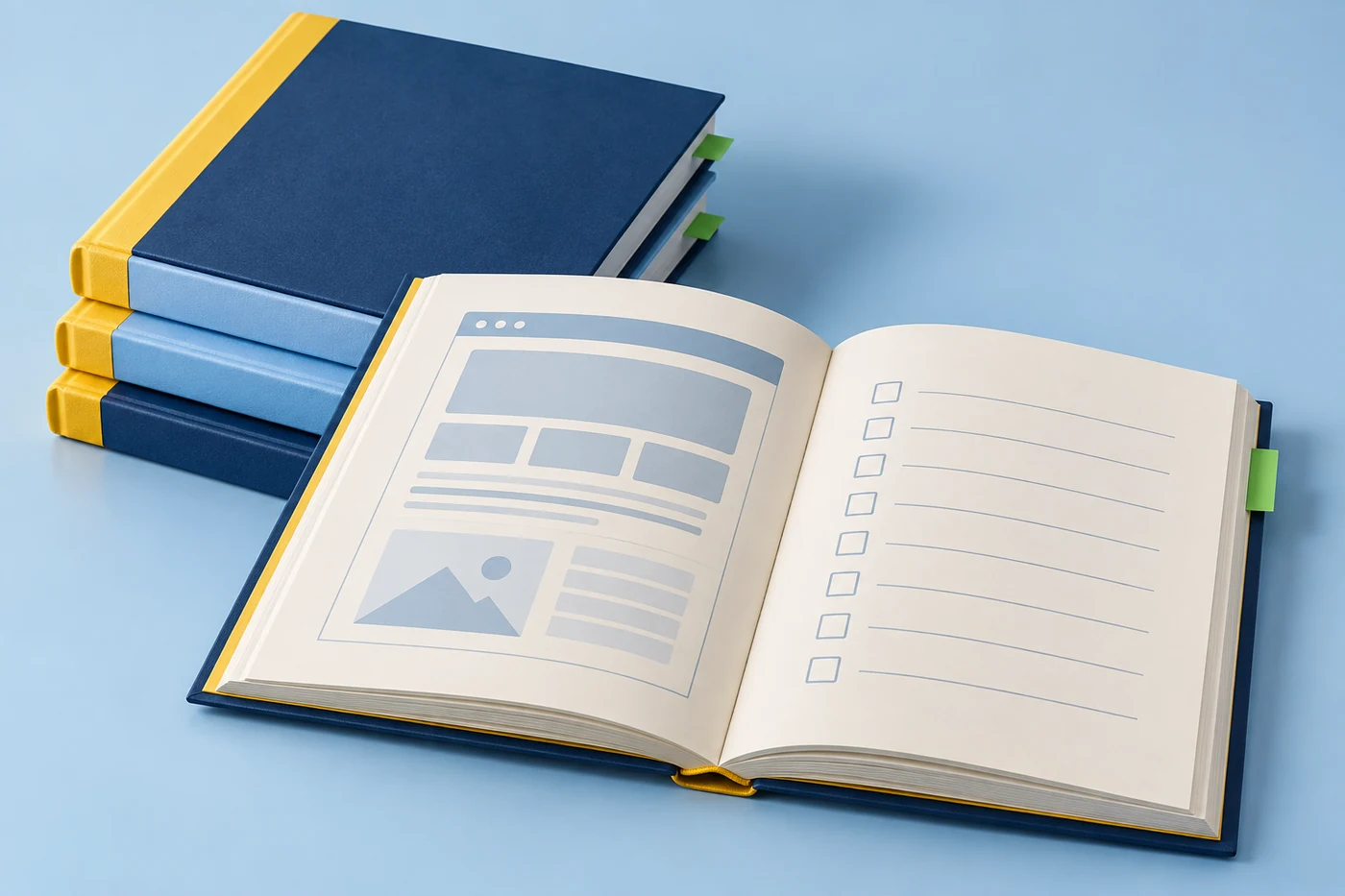 Illustrative SEO course workbooks in TBS brand colours