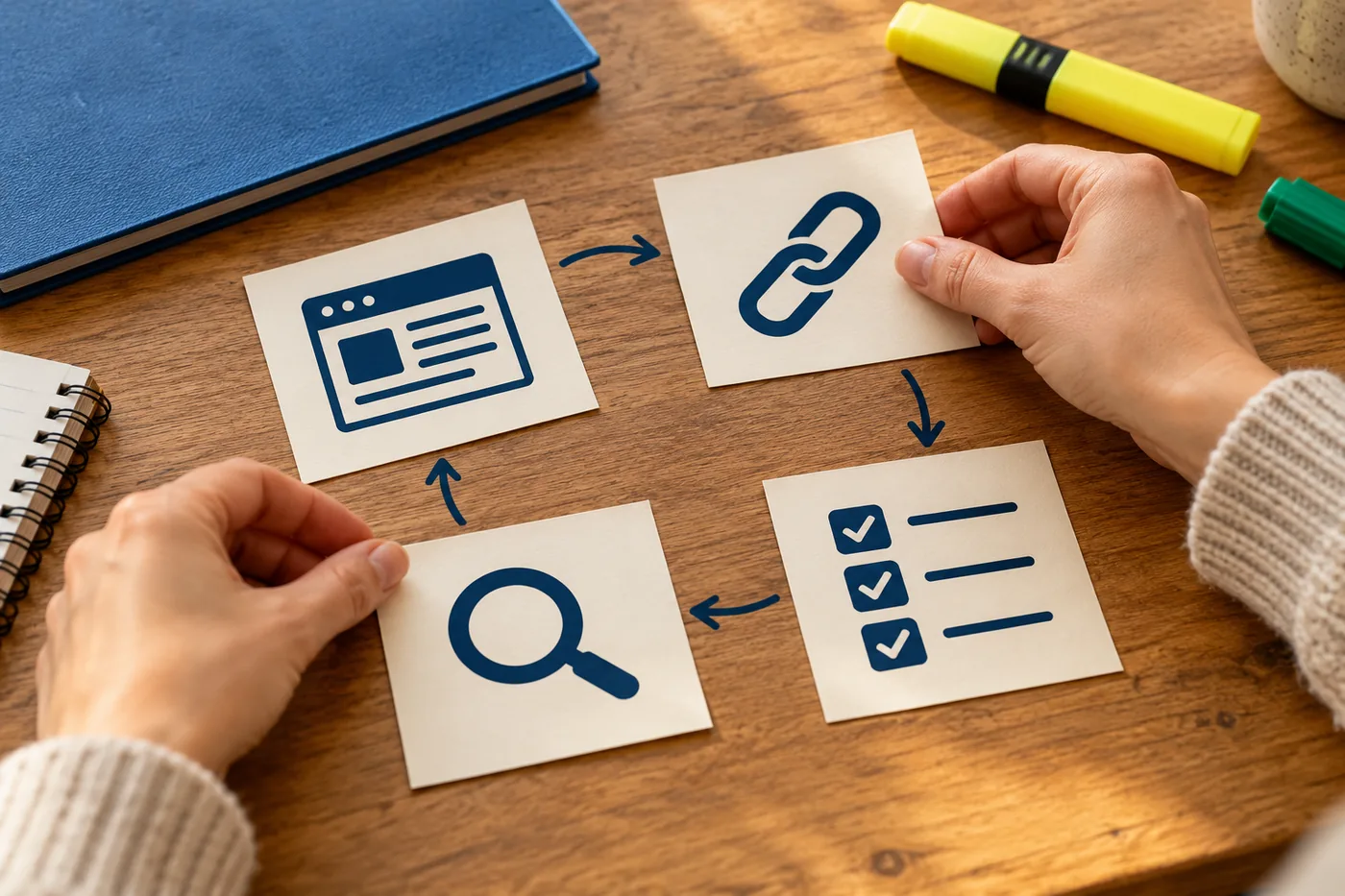 Hands organising search intent and page content cards during an SEO exercise