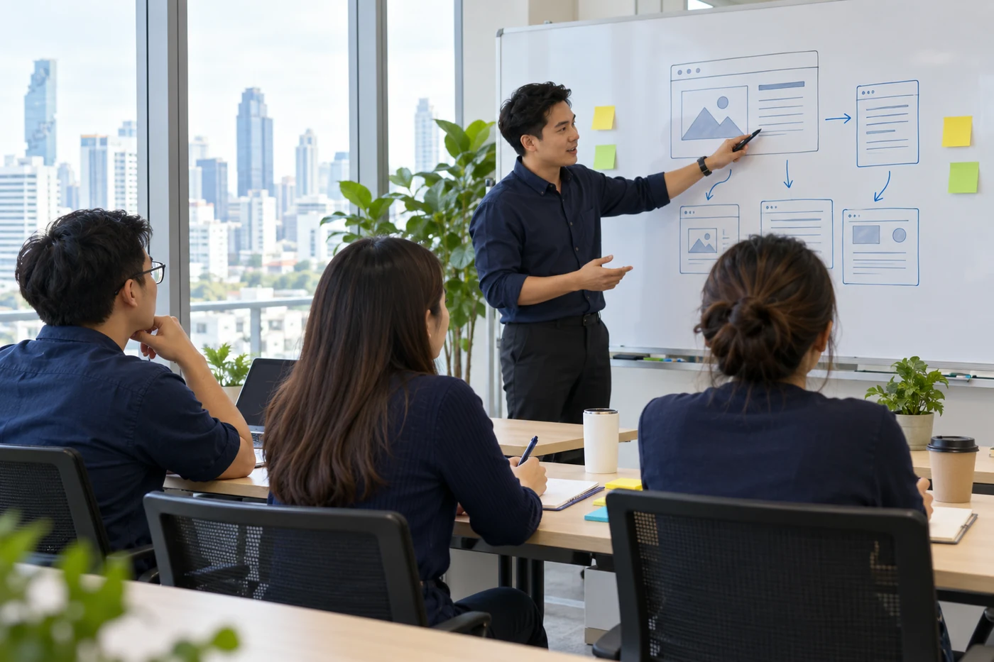 Illustrative small-group SEO workshop with a trainer and marketing team