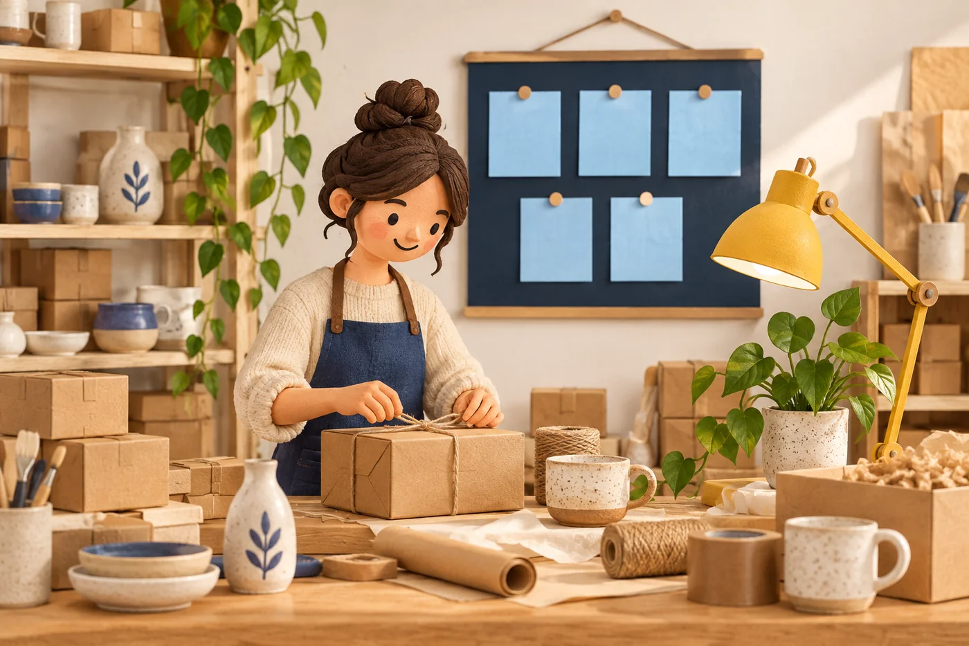 Illustration of a small business owner organising products and work priorities